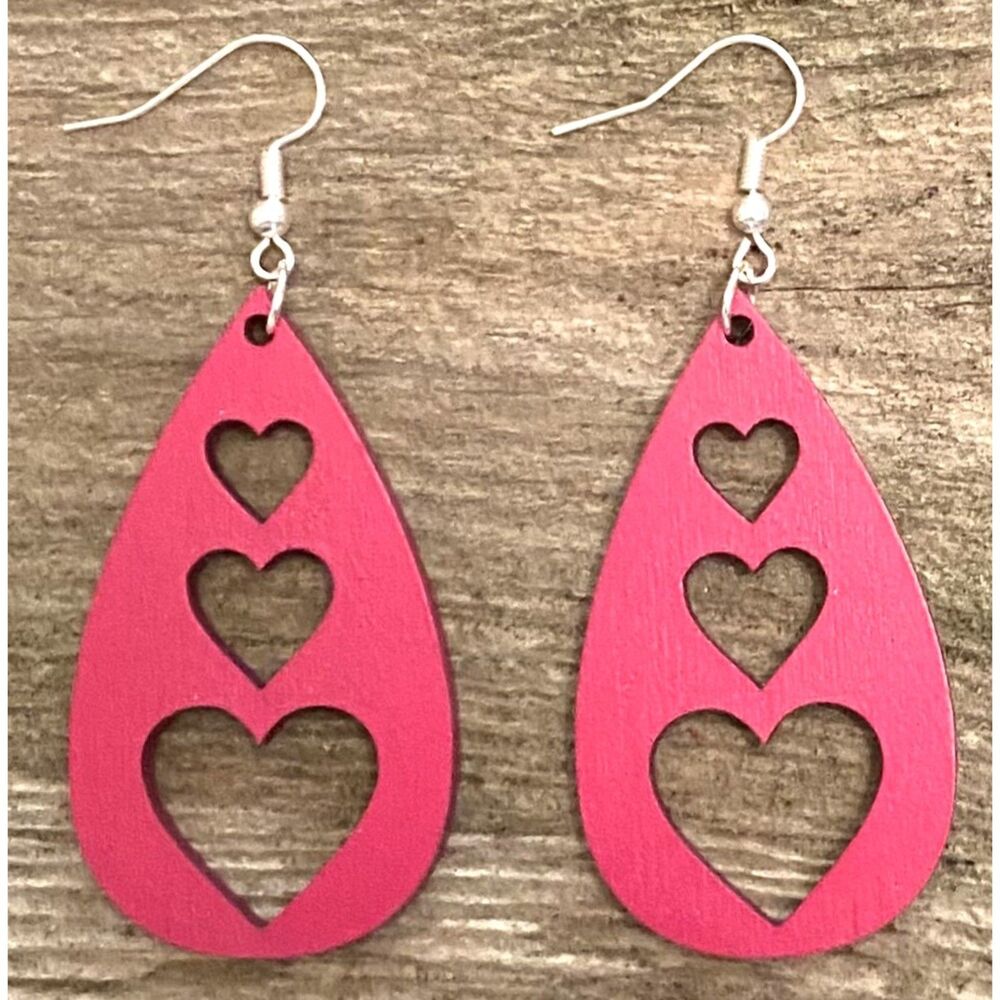 Wood Earrings - 2" x 1.14" Triple Heart Teardrop - Magenta - E008-33